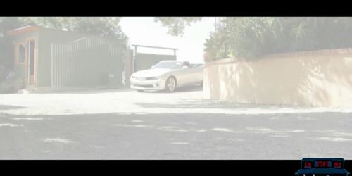 American lesbian girls fingering on the hood of a Corvette