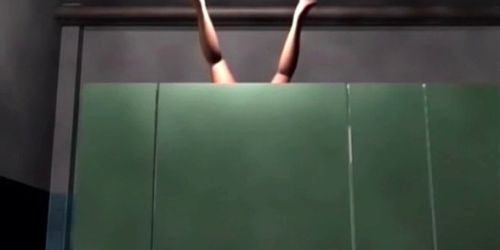 Une fille hentai suce une bite à l'envers dans les toilettes publiques - vidéo 1
