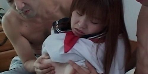 Innocent Asian girl in school uniform sucks two shafts at once (Fetish Fatale, amateur )