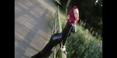 Latex Hijabi outside Walking