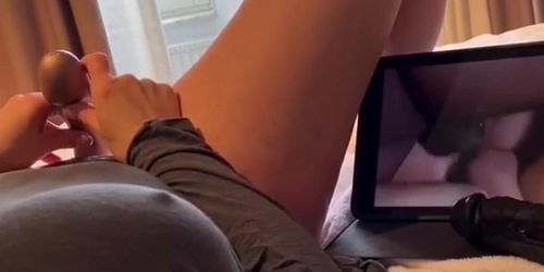 Swedish girl watching porn and masturbates, loud moaning orgasm