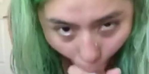 Green haired girl sucks cock for the first time 