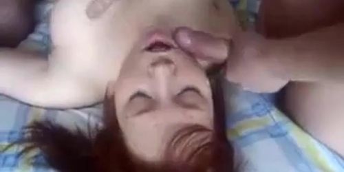 English redhead teen gets spitroasted and spunked on