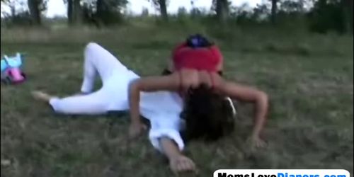 Hot mom Gloria fucks adult baby in a field