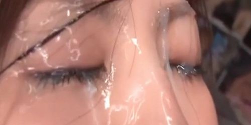 Asian teen nymph gets face covered with messy jizz