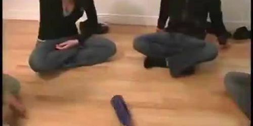 Teen party with strip the bottle sex game on the floor