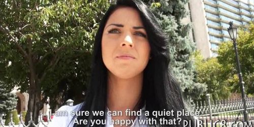 Eurobabe flashes her big tits and fucked in public for money