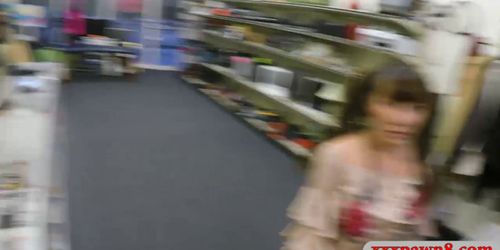 Busty asian woman sells sword and drilled by pawn dude