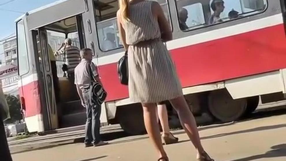 Hot sexy blonde in short dress upskirt