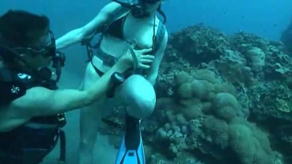 Snorkeling Couple Lick And Screw Underwater With Scuba Masks And Scuba