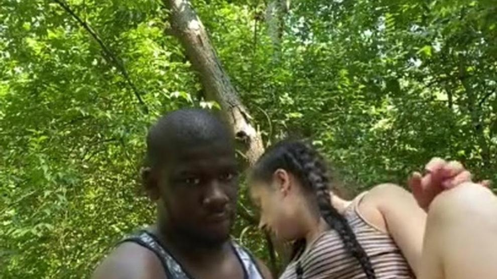 Outdoor bbc brunette wanking