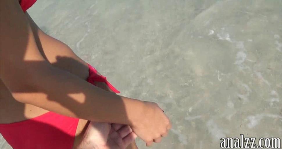 Anal sex with his busty girlfriend after a day on the beach