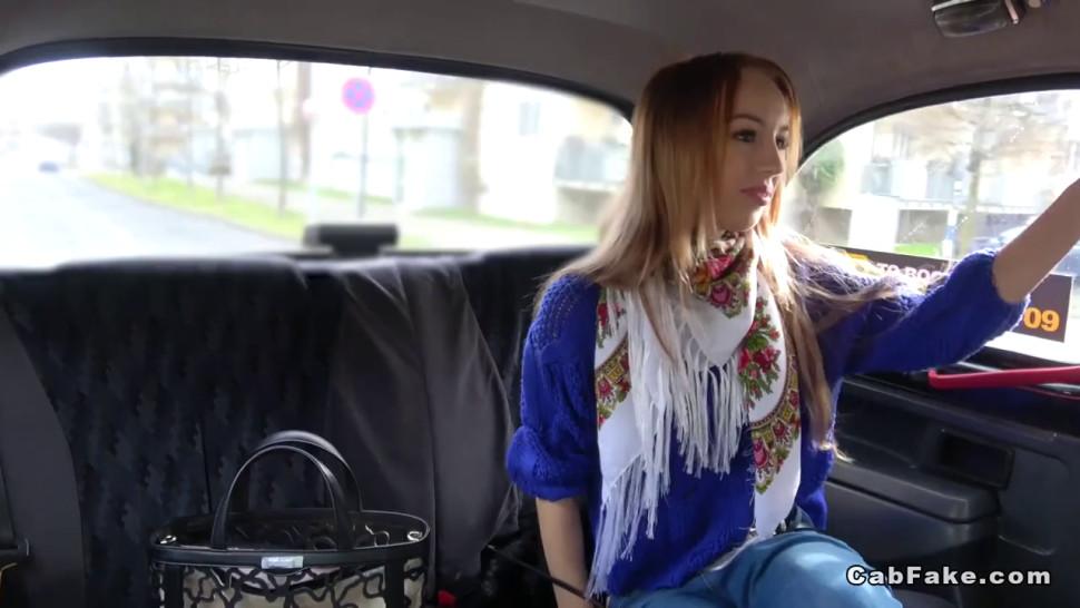 Slim brunette amateur fucks in fake taxi