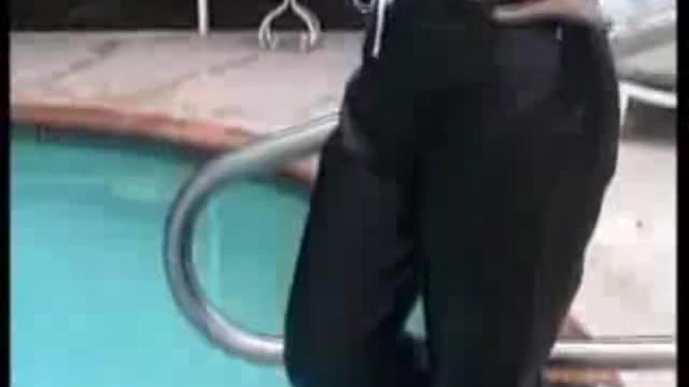 Wetlook Girlfriend In Pool With White Blouse, Leather Pants And Leather Skirt