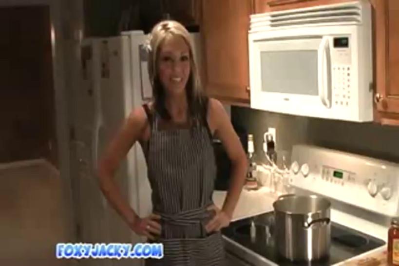 Horny blonde babe teasing you in the kitchen