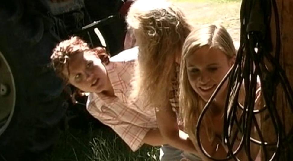 Sexy busty blonde gets it in the ass inside the barn and her slutty friends watch