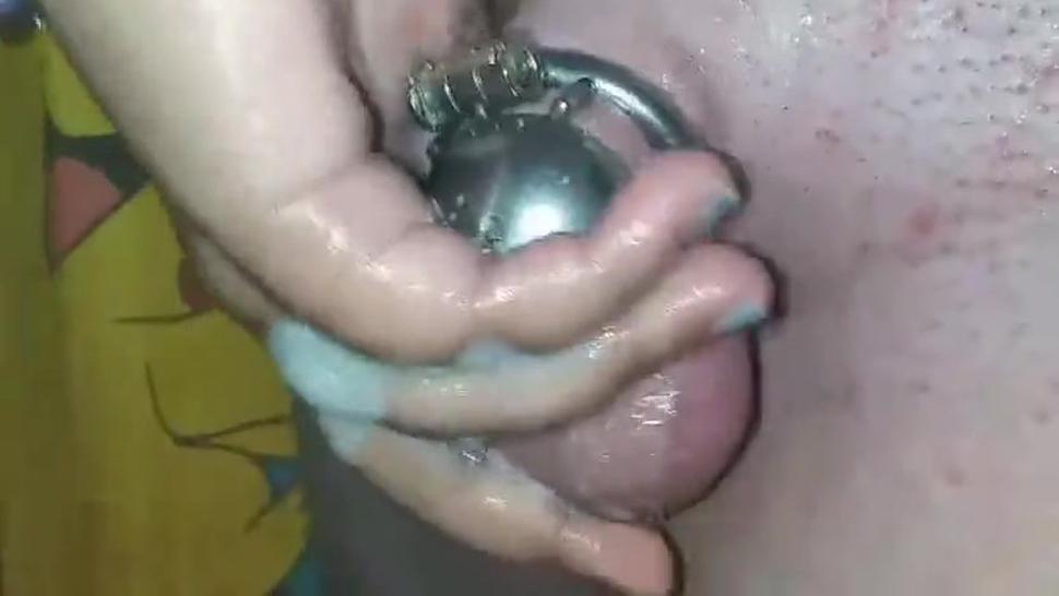 Chastity slave gets soapy tease for being a good girl and being a good completely smooth sissy