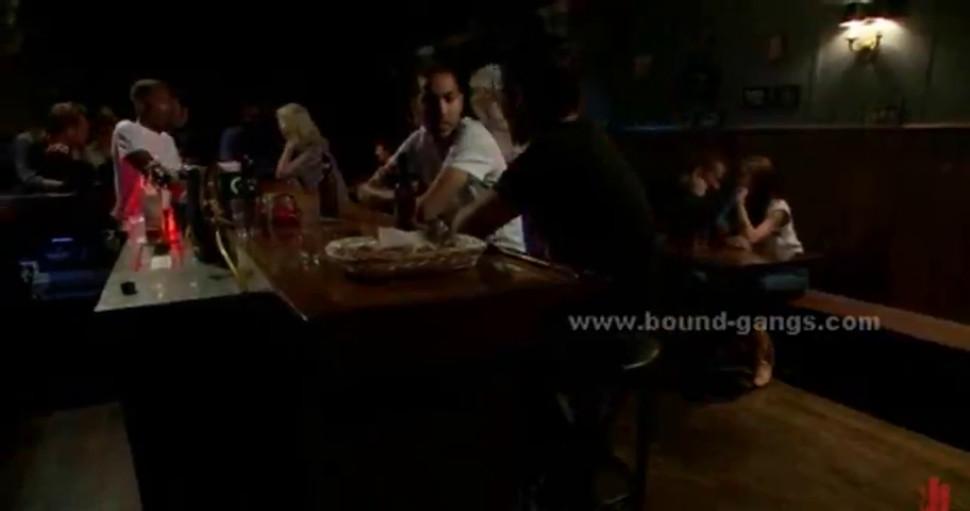 Blonde busty beauty takes a drink at bar then gets fucked in brut