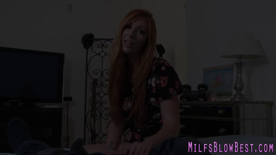 Busty redheaded milf gobbles cock
