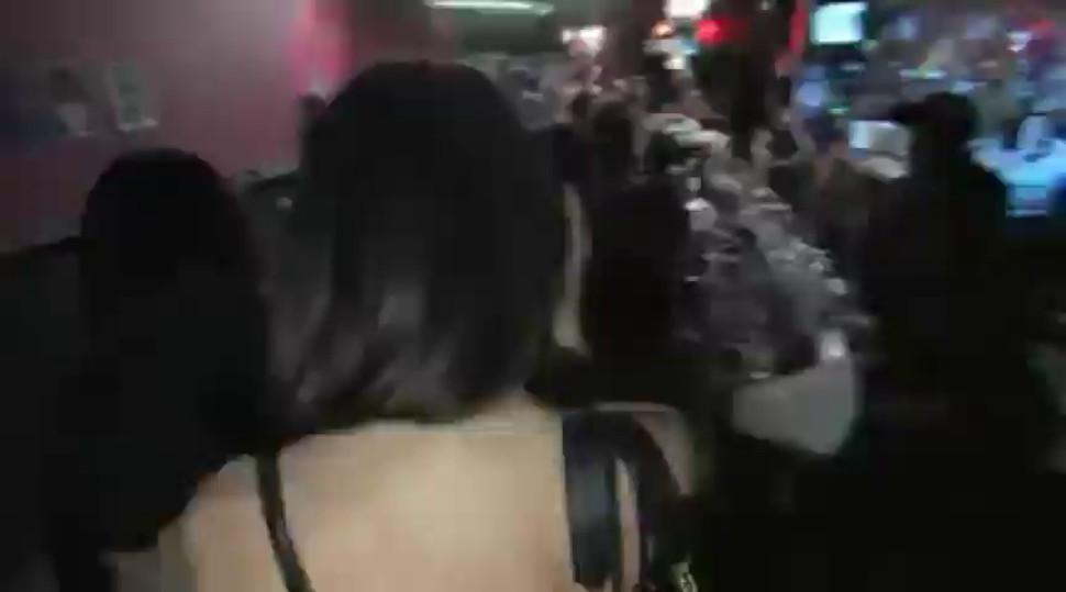 Brunette busty babe fucked in the mouth and perversed in a bar in