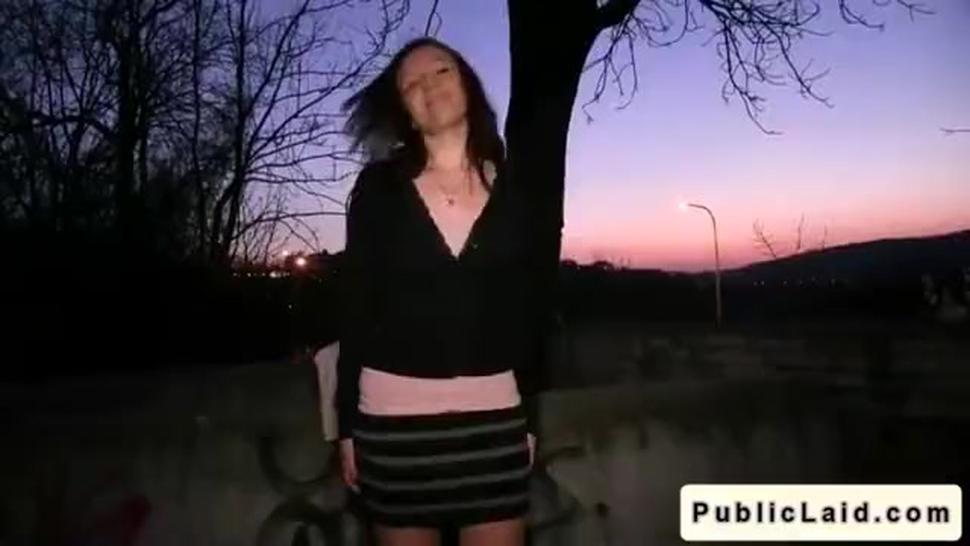 Fake agent fucks amateur girl outdoors at night