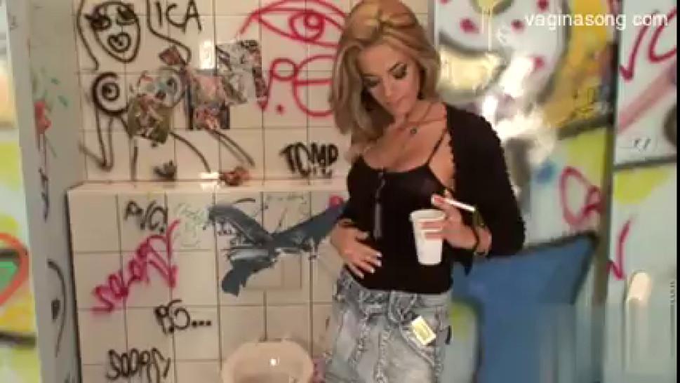 Slutty tall blonde gets rough fuck in the bathroom