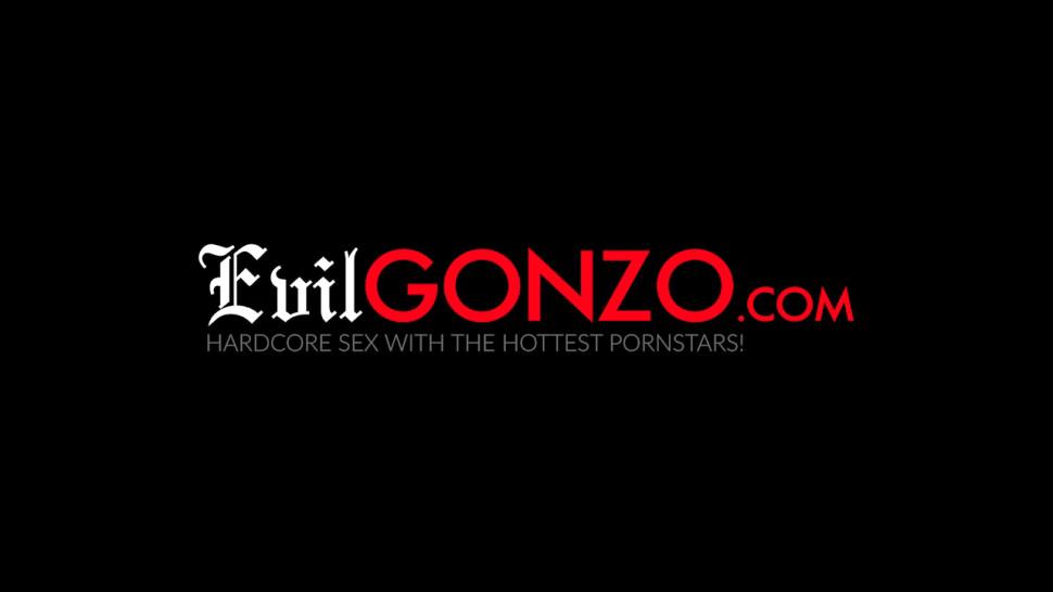 EVIL GONZO - Babe with big boobs fucks in hard with clips on her armpit