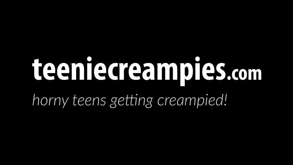 TEENIE CREAMPIES - Teen lesbians pussy and anal play with double sided dildo