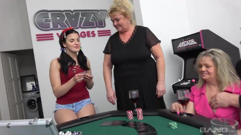 BANG.com - Poker game turns into a poke her game as three chicks share his cock