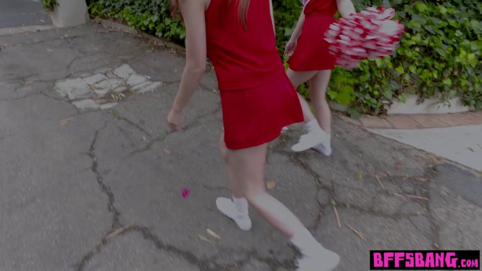 Cute ebony teen cheerleader and her BFFs fucked outdoor - video 1