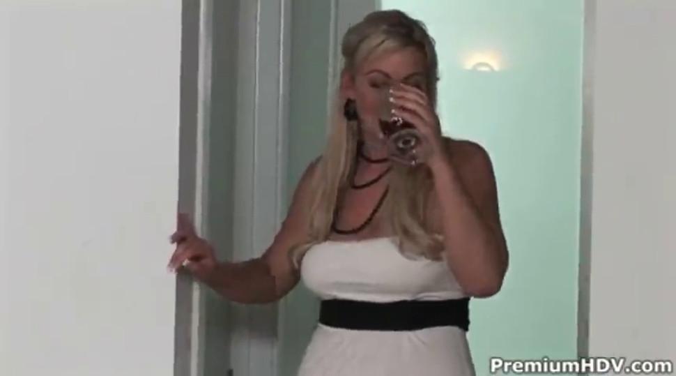 Drunk blonde Abbey Brooks fingers pussy and uses dildo