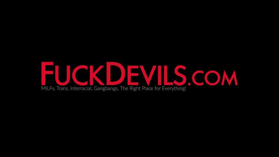 DEVILS VIDEOS - Cock hungry babe spitroast interracial drilling for facials