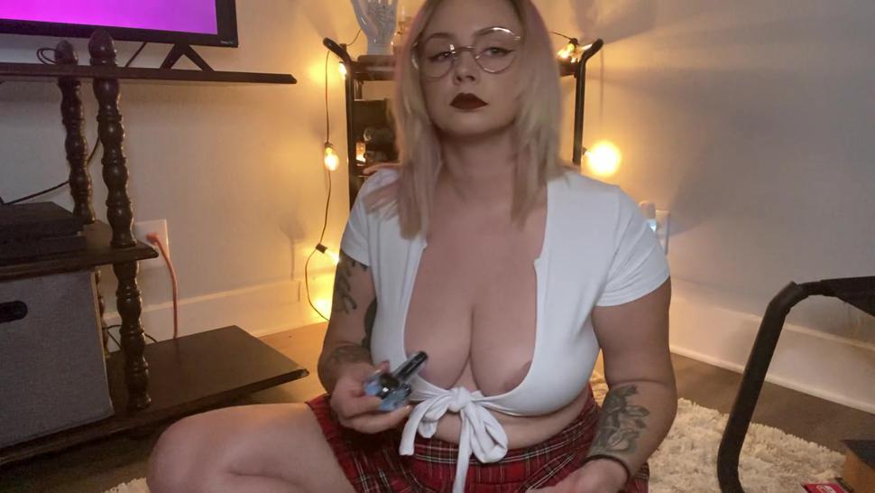 Schoolgirl with Glasses Smokes Weed, Fucks Herself With Dildo, Orgasms, And Plays With Her Ass