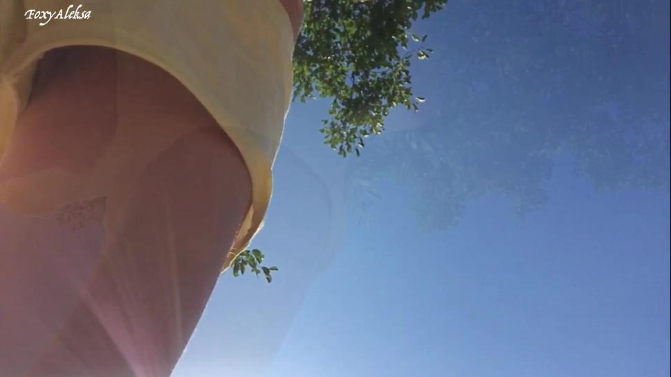 18 year old teen girl in short shorts without panties. Hidden camera in the Park. Close up