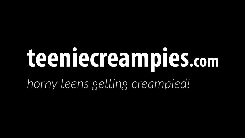 TEENIE CREAMPIES - Cute teen moans hard as her pussy is filled up from the back