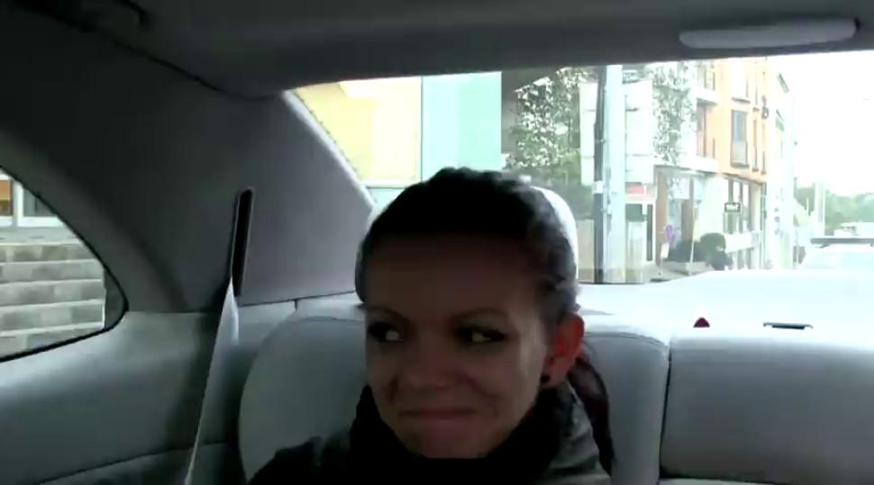 Euro amateur licking dick and balls in public taxi - video 1