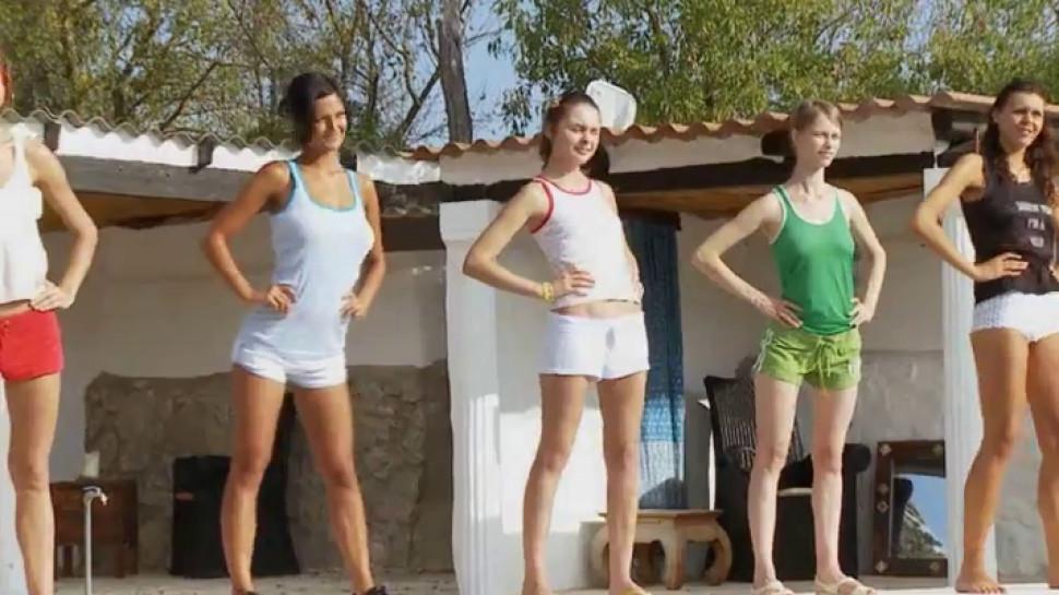 Six naked teens by the pool from Russia