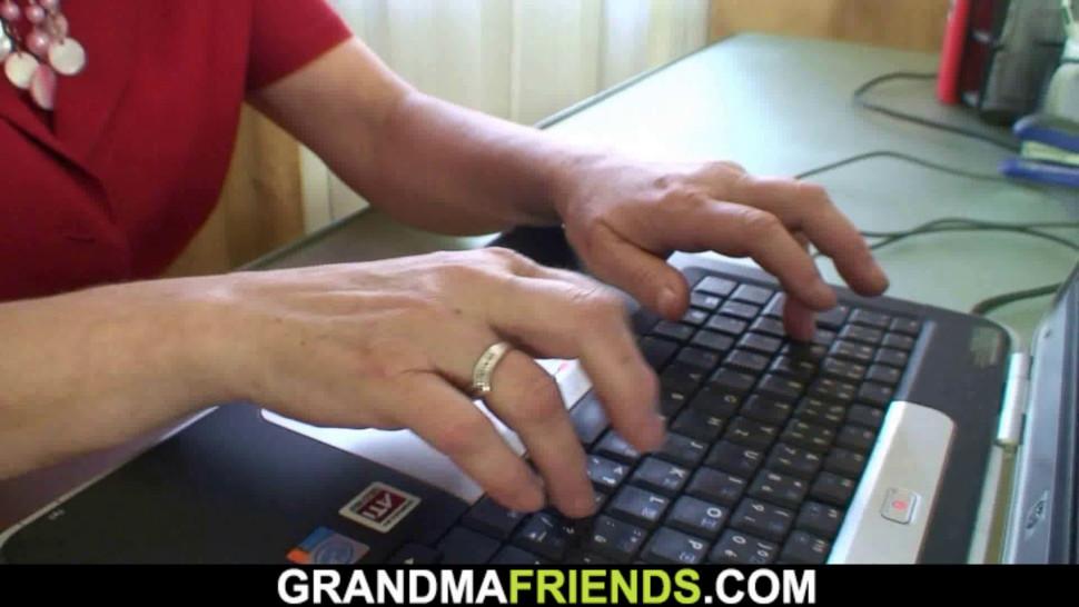 GRANDMA FRIENDS - Old redhead office granny swallows two cocks at once