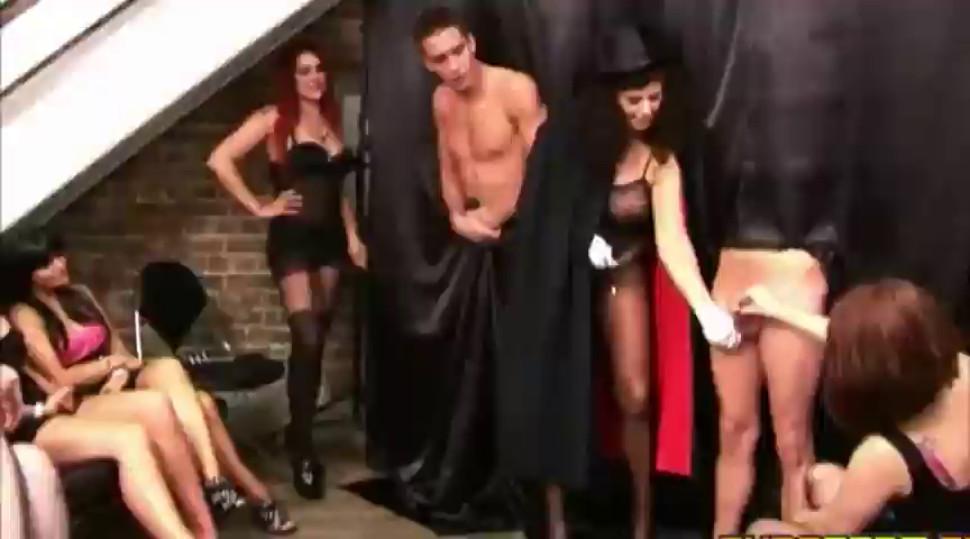 Slutty magician shows her sexy cfnm magic trick to crowd