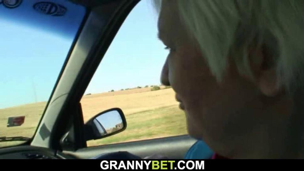 GRANNYBET - Guy doggy-fucks very old blonde granny roadside