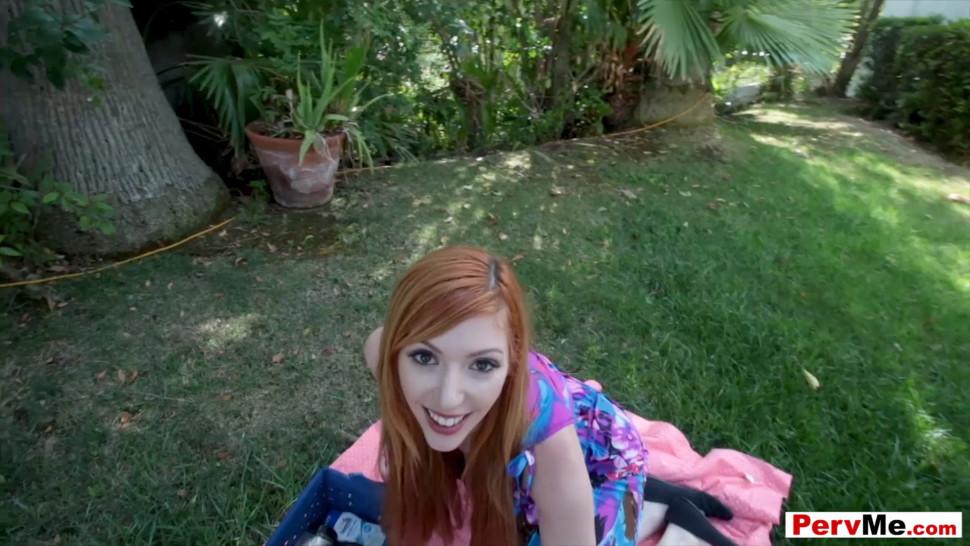 Outdoor POV blowjob session with busty redhead stepmom