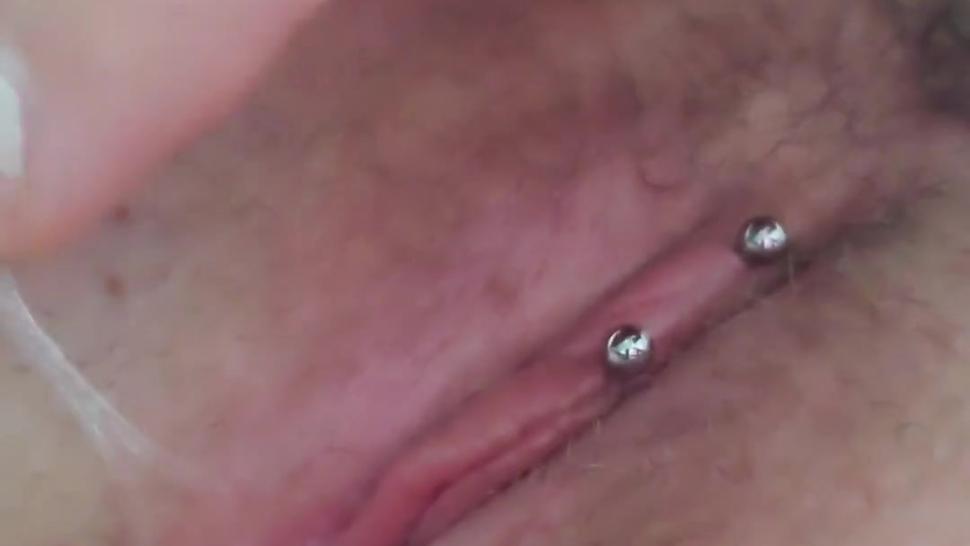 pulsating pierced hairy pussy after masturbation with sticky pussy juice