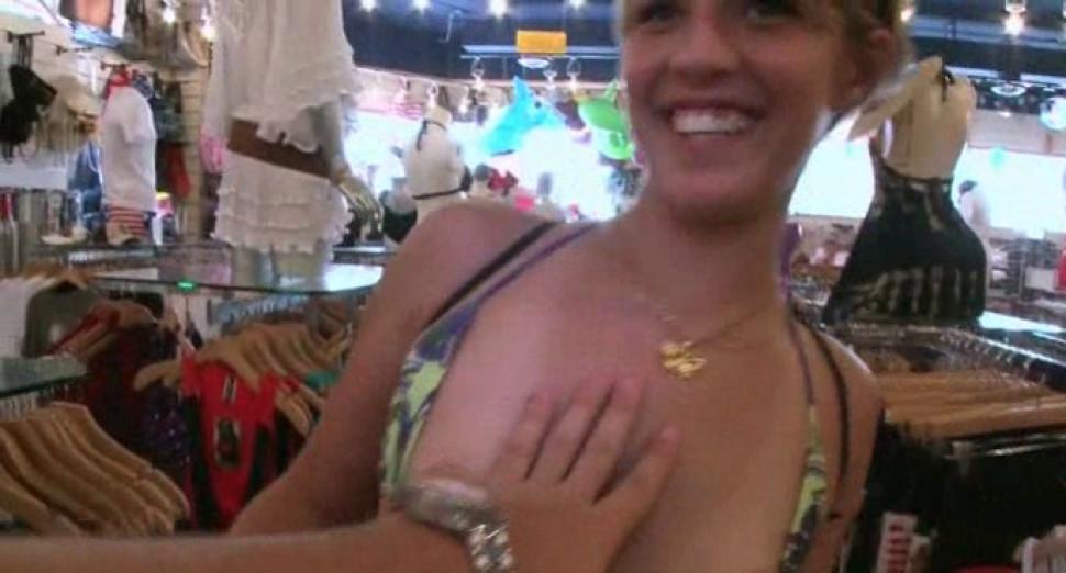 Nasty girls flashing their round hot butts in a clothing store