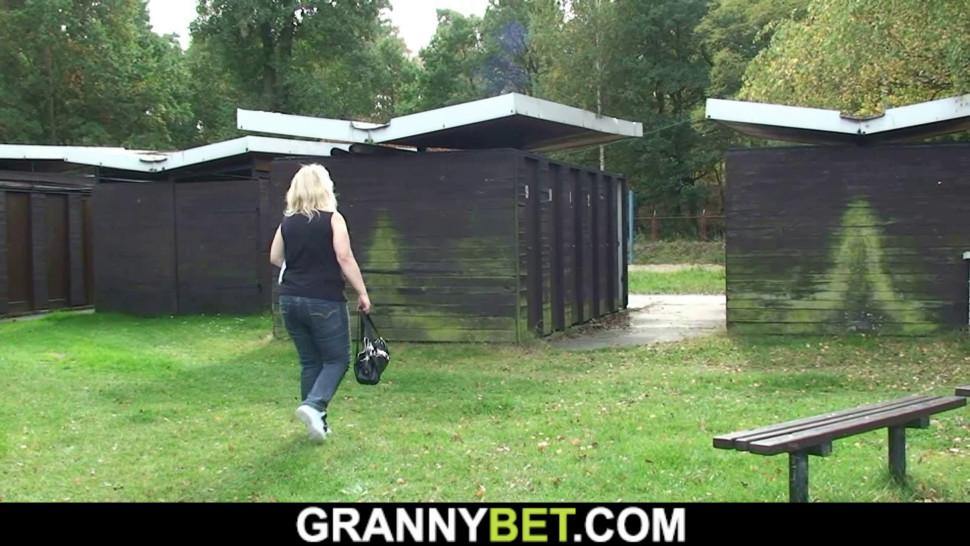 GRANNYBET - Old blonde grandma gets nailed in the public changing room