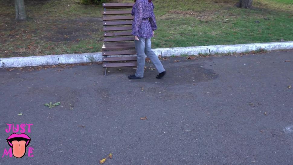 Crazy girl without panties playing hopscotch in public park