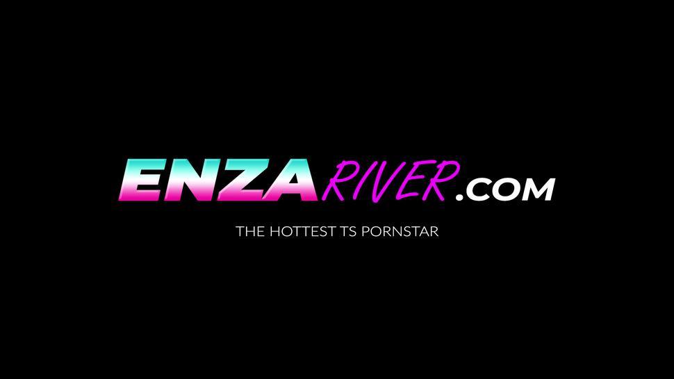 ENZA RIVER - Kinky tranny River Enza dildo drilled and strapon pounded