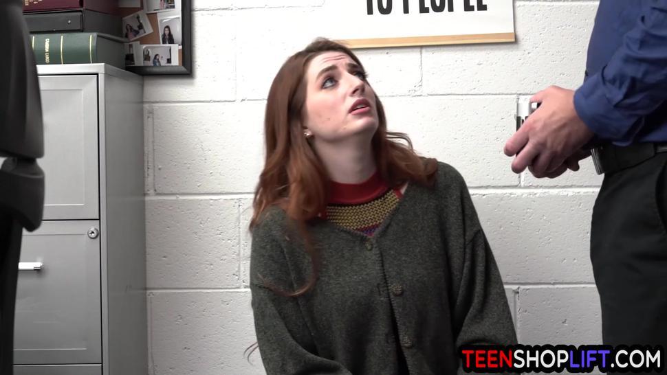 Shaking teen redhead thief caught red handed by a dirty mall cop