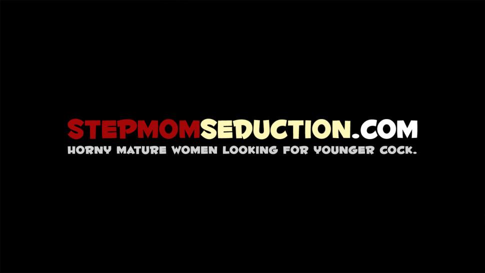 STEPMOM SEDUCTION - Stepdaughter has her cunt all filled while MILF helps her out a bit