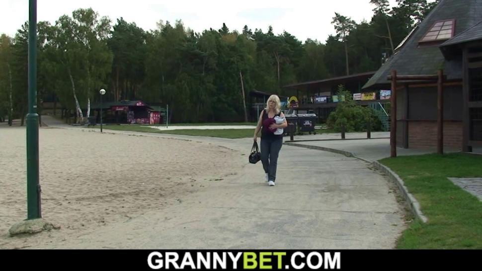 GRANNYBET - Blonde old grandma rides his horny cock on public