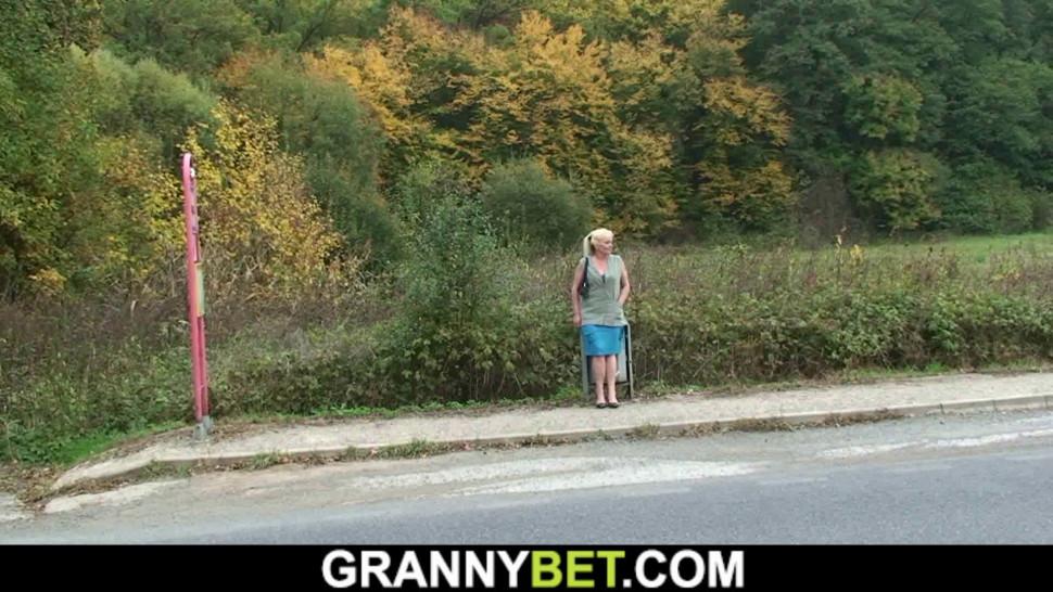 GRANNYBET - Hitchhiking old granny and boy fucking outside